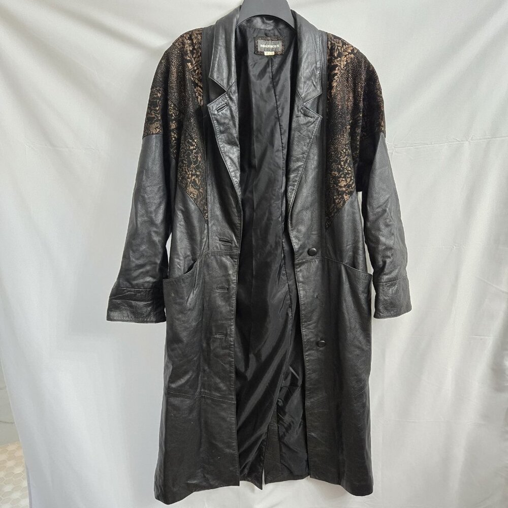 Maurice's Coat Black Leather Brown Suede Textured Print Buttons Pockets Lined SM